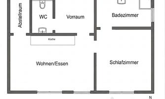 The floor plan shows an apartment with several rooms. The areas include a bedroom, a bathroom, a kitchen, as well as a living and dining area.