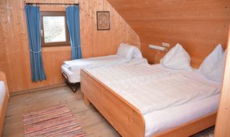 A cozy room with wood paneling and two beds. There is a window with blue curtains and a colorful rug on the floor.