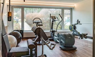 A modern gym with various exercise equipment and large windows. The space has a bright, welcoming look with wooden flooring.