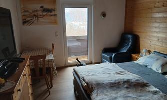 A cozy room with wooden walls and a double bed. There is a television, a seating area, and access to the balcony.