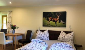 A cozy room with a double bed, decorative pillows, and a dining table. A picture of a deer in nature hangs on the wall.