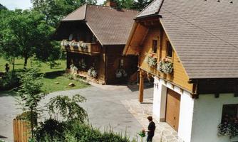 Two traditional wooden houses set in a green environment. The garden is adorned with flowers and trees surround the houses.