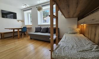 The wall-mounted box bed can be unfolded as needed for one or two people. Primarily suitable for children.