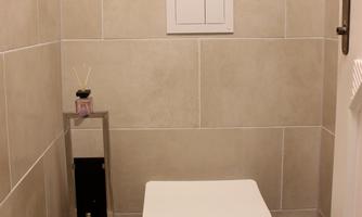 A modern bathroom with gray tiles and a white toilet. Next to the toilet is a small plant pot and a toilet paper holder.