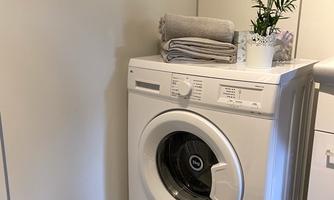 A modern washing machine stands in a bright room. Above it are folded towels and a small plant placed.