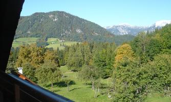 A picturesque landscape with green meadows and trees. In the background, the mountains and a clear blue sky can be seen.