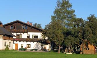 A friendly-looking farmhouse surrounded by trees and greenery. The sky is clear and blue.