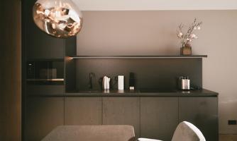 A modern kitchen with dark furniture and elegant details. Kitchen appliances and a blooming plant are on the countertop.