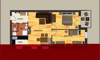 An apartment with several rooms, including a living room, bedroom, and children's room. The kitchen and bathroom are also indicated.