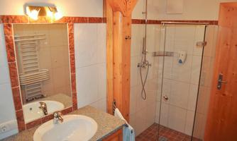 A modern bathroom with a sink and a shower area. The walls are tiled, and there is a wooden ceiling for a cozy look.