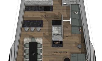 A floor plan view of a modern apartment with a kitchen, dining area, and living room. The rooms are functionally arranged and provide a modern atmosphere.