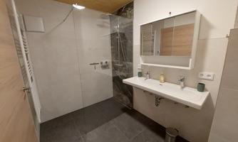 A modern bathroom with a walk-in shower and an elegant sink. The walls are bright, and the furnishings are simple and functional.