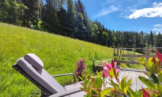A sun lounger stands on a terrace next to a blooming plant. In the background, a green meadow stretches out with trees under a blue sky.