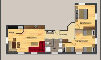 The image shows a floor plan of an apartment with various rooms. The rooms include a kitchen, a living room, a bedroom, a children's room, as well as a bathroom and a hallway.