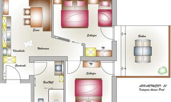 A floor plan of an apartment with multiple rooms, including a bedroom, living room, and kitchen. The design features an appealing layout and a small balcony.