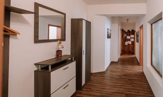 A bright hallway with wooden flooring and modern furniture. Pictures hang on the wall, and there is a mirror as well as a coat rack.