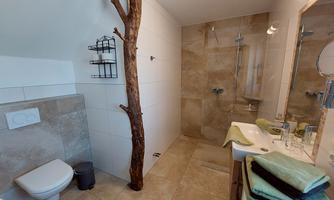 A modern bathroom with a shower and a sink. A rustic log serves as a decorative element.