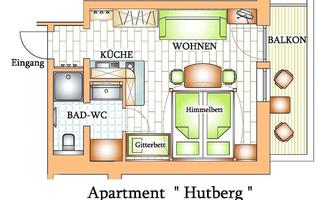 A simple floor plan drawing of an apartment with a bedroom, living area, kitchen, and balcony. The rooms are clearly assigned and labeled.
