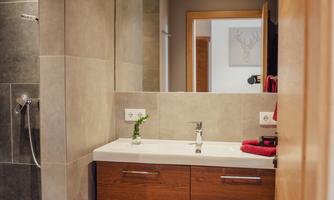 A modern bathroom with a shower and a wooden sink. There is a red carpet on the floor.