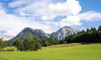 A green meadow with scattered trees and majestic mountains in the background. The sky is clear with few clouds.