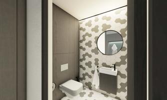 A modern bathroom with a round mirror and a decorative wall. The walls are designed in neutral colors with an interesting pattern.