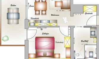 A floor plan of an apartment with a bedroom, living room, kitchen, and bathroom. The rooms are clearly arranged and show the distribution of furniture.