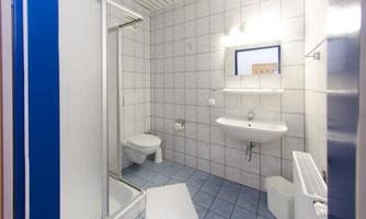 A modern bathroom with tiled walls and a sink. A shower and a toilet are also available.