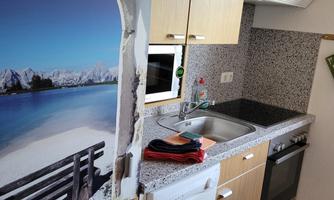 A modern kitchen with wooden cabinets and a gray countertop. A decorative wall with a picture of a beach view is visible.