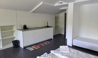 A bright and modern apartment with a small kitchenette. Two beds and a sofa are located in the room.