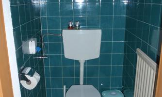 A small bathroom with blue tiles and a toilet. There is also a toilet paper roll and a trash can.
