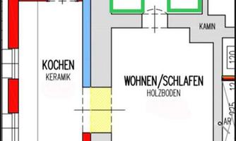 A floor plan of an apartment with the rooms bathroom/toilet, kitchen, and bedroom. The areas are clearly marked and show the room layout.