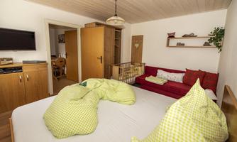 A cozy bedroom with a large bed and green cushions. In the background, there is a shelf and a red sofa.
