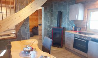 A cozy wooden apartment with an open kitchen and a modern wood stove. The decor is rustic and inviting, perfect for relaxing.