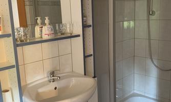 A clean bathroom with a sink and a shower. Various toiletries are placed on the shelf.