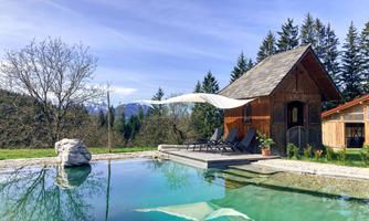 A picturesque wooden house on the edge of a swimming pool. Surrounded by green trees and a clear sky.