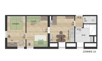 A floor plan of a room with two sleeping areas, a living room zone, and a bathroom. The furniture is schematically drawn, including a couch and a TV.