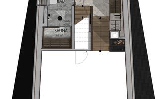 A floor plan with various areas, including a bathroom, a sauna, and a changing room. The rooms are functionally arranged and well-designed.