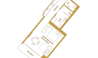 The image shows a floor plan of an apartment with various rooms such as a kitchen, living area, bathroom, and balcony. The design is modern and clearly structured.