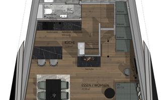 A modern apartment layout with an open kitchen and dining area. The space is well-designed and offers room for living and dining furniture.