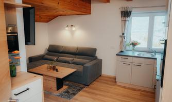 A modern apartment with a cozy gray sofa and a small kitchenette. The room is bright and inviting, with wooden details and a window that lets in plenty of daylight.