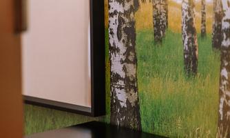 A modern hallway with a black shelf and a decorative wall featuring birch trees. The floor is in warm wooden tones, creating an inviting atmosphere.