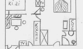 A simple floor plan drawing of an apartment. It shows rooms like a bedroom, living room, kitchen, and a toilet.