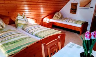 A cozy bedroom with two single beds and a wooden ceiling. Fresh tulips are on the table and the walls are simply decorated.