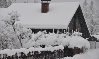 A house in the snow with a snow-covered roof and a chimney. Surrounded by snowy trees and a garden.