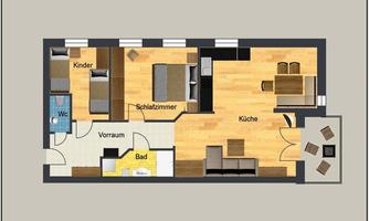 A tidy apartment with different rooms. The areas include a bedroom, a children's room, a kitchen, and a bathroom.