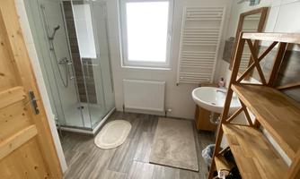 A modern bathroom with a shower, a sink, and open shelves. The floor is made of gray tiles and light comes through the window.