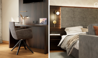 A stylish office with a modern desk and a comfortable chair. To the right is an elegant bedroom featuring a cozy bed and soft colors.