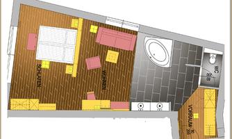 A clear floor plan drawing of an apartment. The rooms are clearly marked, including bedroom, living room, kitchen, and bathroom.