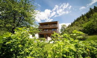 A modern wooden house surrounded by green terrain and trees. The sky is clear and blue with some clouds.