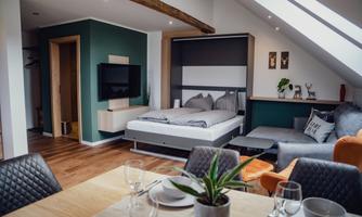 A modern living and sleeping room with a fold-out bed. The space is designed to be friendly and bright, with wood and green tones.